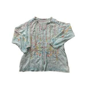 Johnny Was Embroidered Tunic Top Blue Size L V Neck Tie Neck